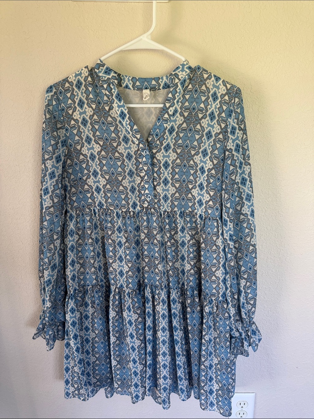 Elan Blue and White Printed Long Sleeve Tiered Dress